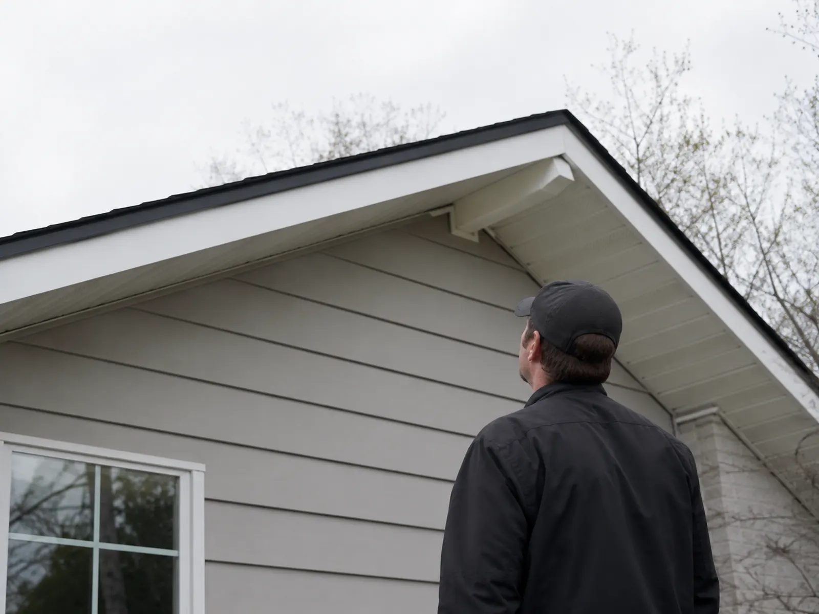 Technician standing below a home's gable end reviewing the roofline and soffit for possible bat entry points